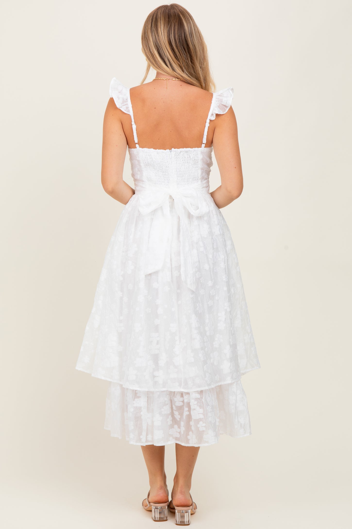 White Embroidered Twist Front Cutout Midi Dress
