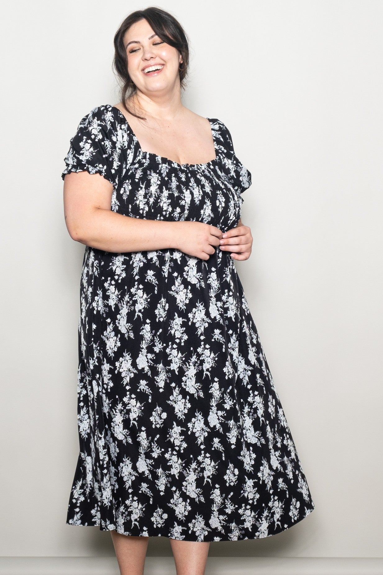 Black Floral Smocked Sweetheart Neckline Maternity Plus Midi Dress