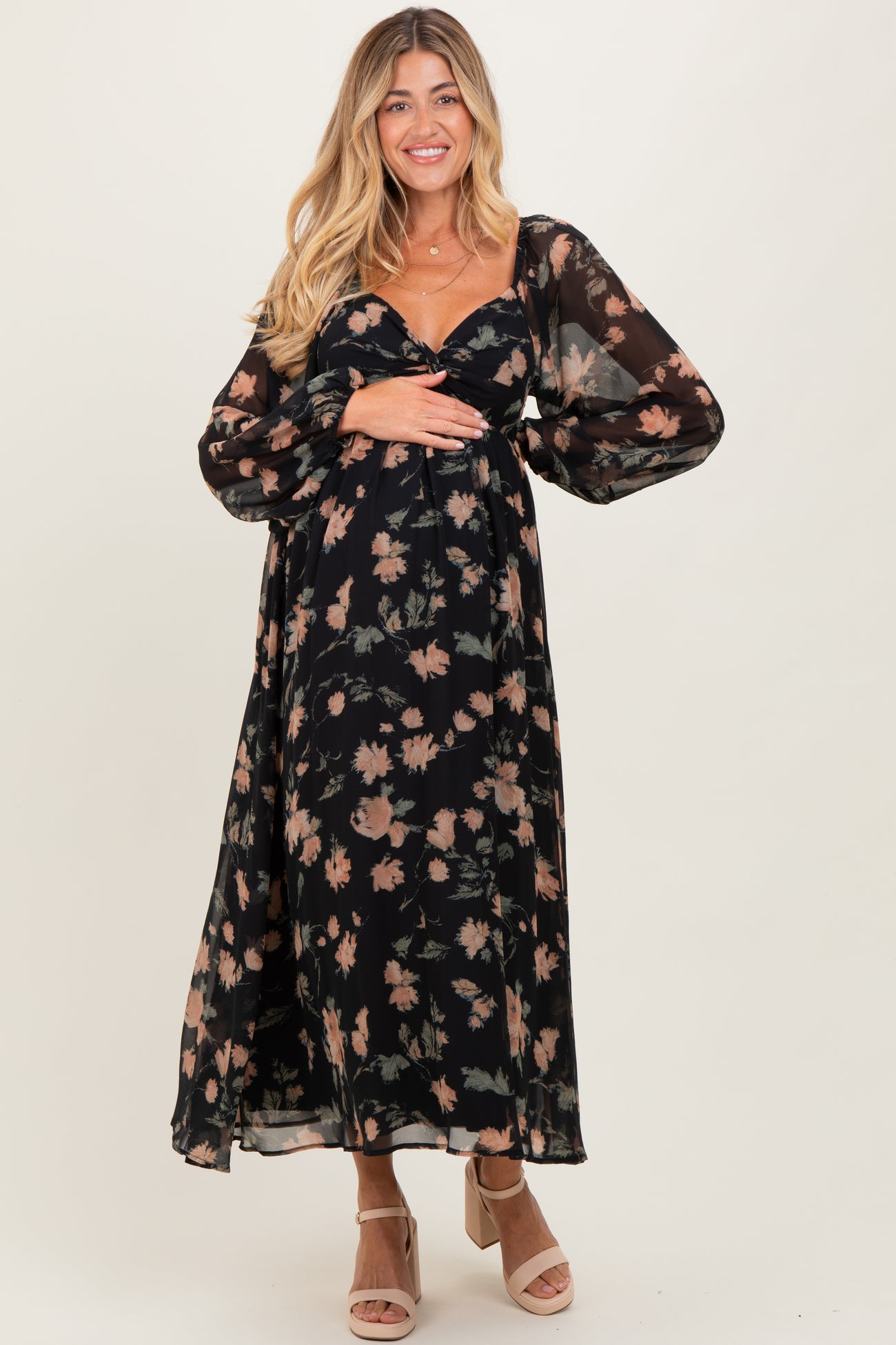 Black/Peach Floral Knotted Bust Chiffon Maternity Midi Dress