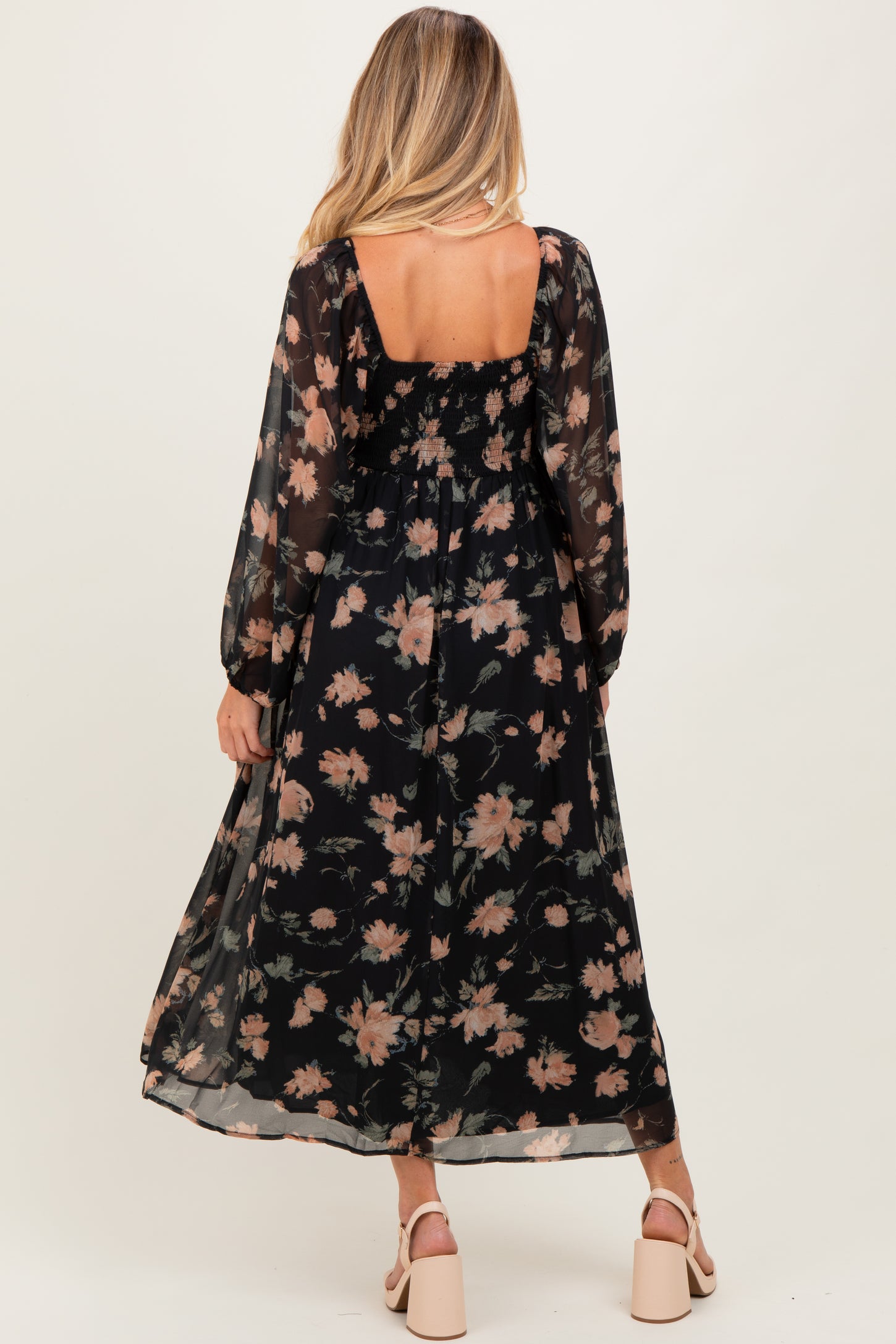 Black/Peach Floral Knotted Bust Chiffon Maternity Midi Dress