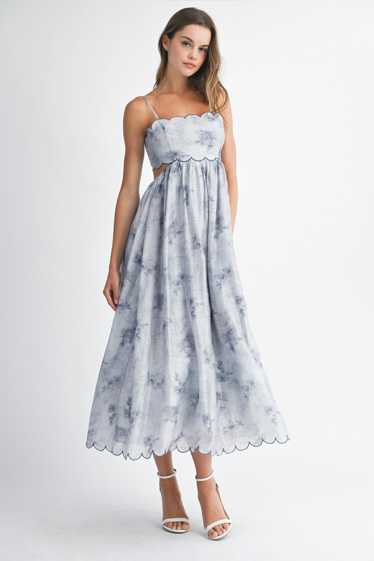 Blue Faded Floral Scallop Edge Cutout Midi Dress