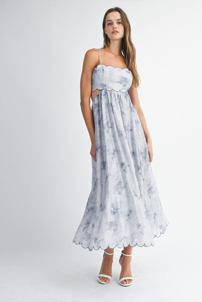Blue Faded Floral Scallop Edge Cutout Maternity Midi Dress