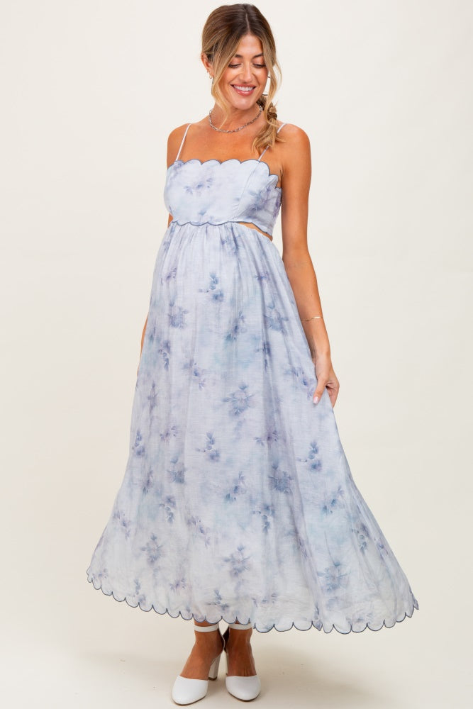 Blue Faded Floral Scallop Edge Cutout Maternity Midi Dress