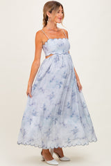 Blue Faded Floral Scallop Edge Cutout Maternity Midi Dress