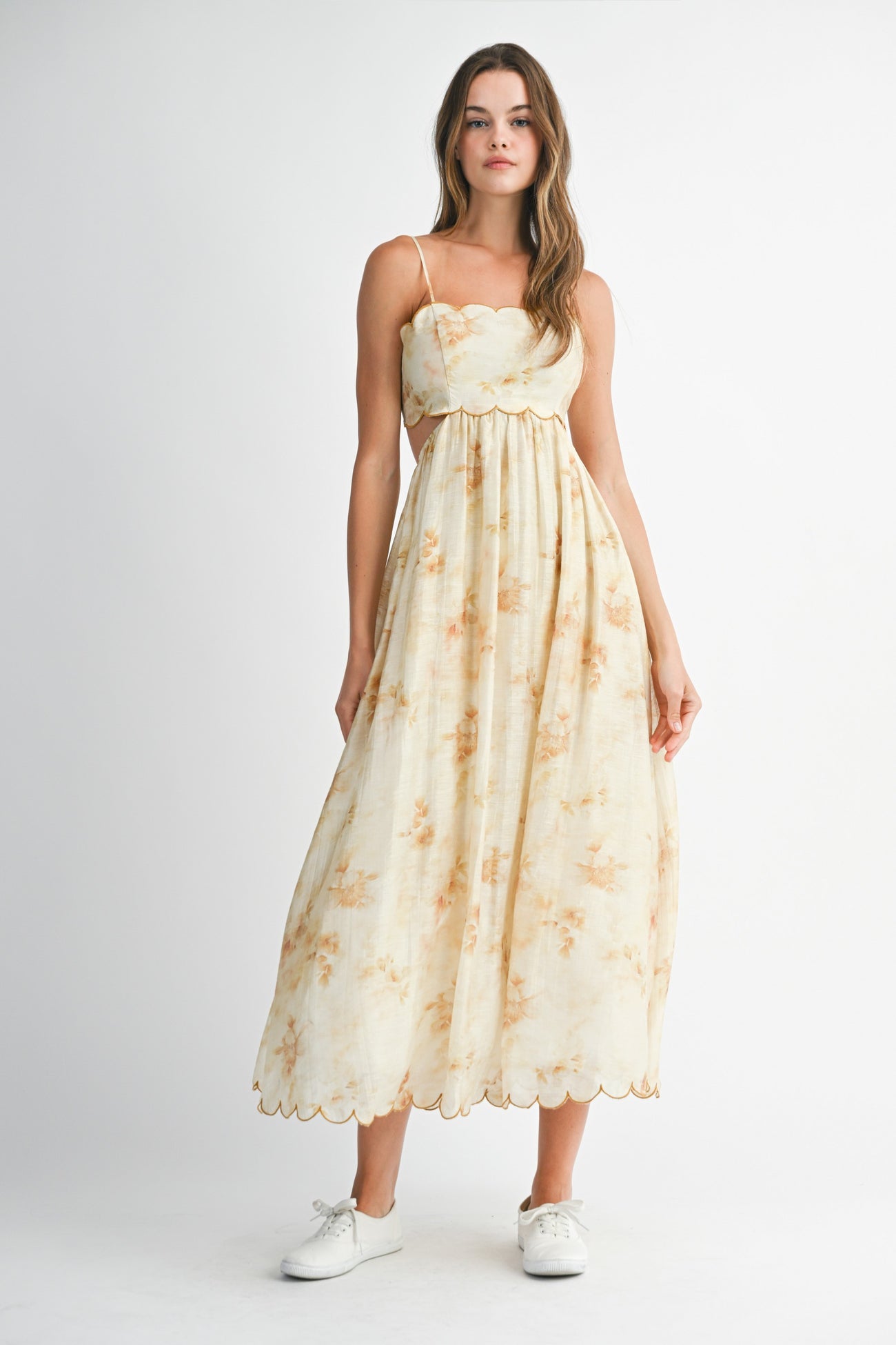 Yellow Faded Floral Scallop Edge Cutout Maternity Midi Dress