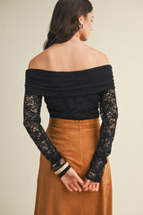 Black Lace Off Shoulder Long Sleeve Top