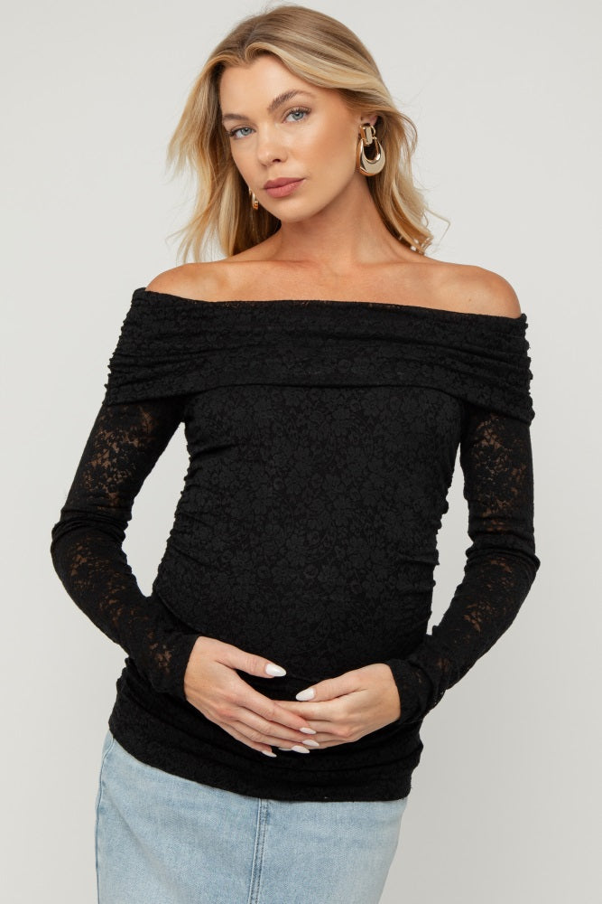 Black Lace Off Shoulder Long Sleeve Maternity Top