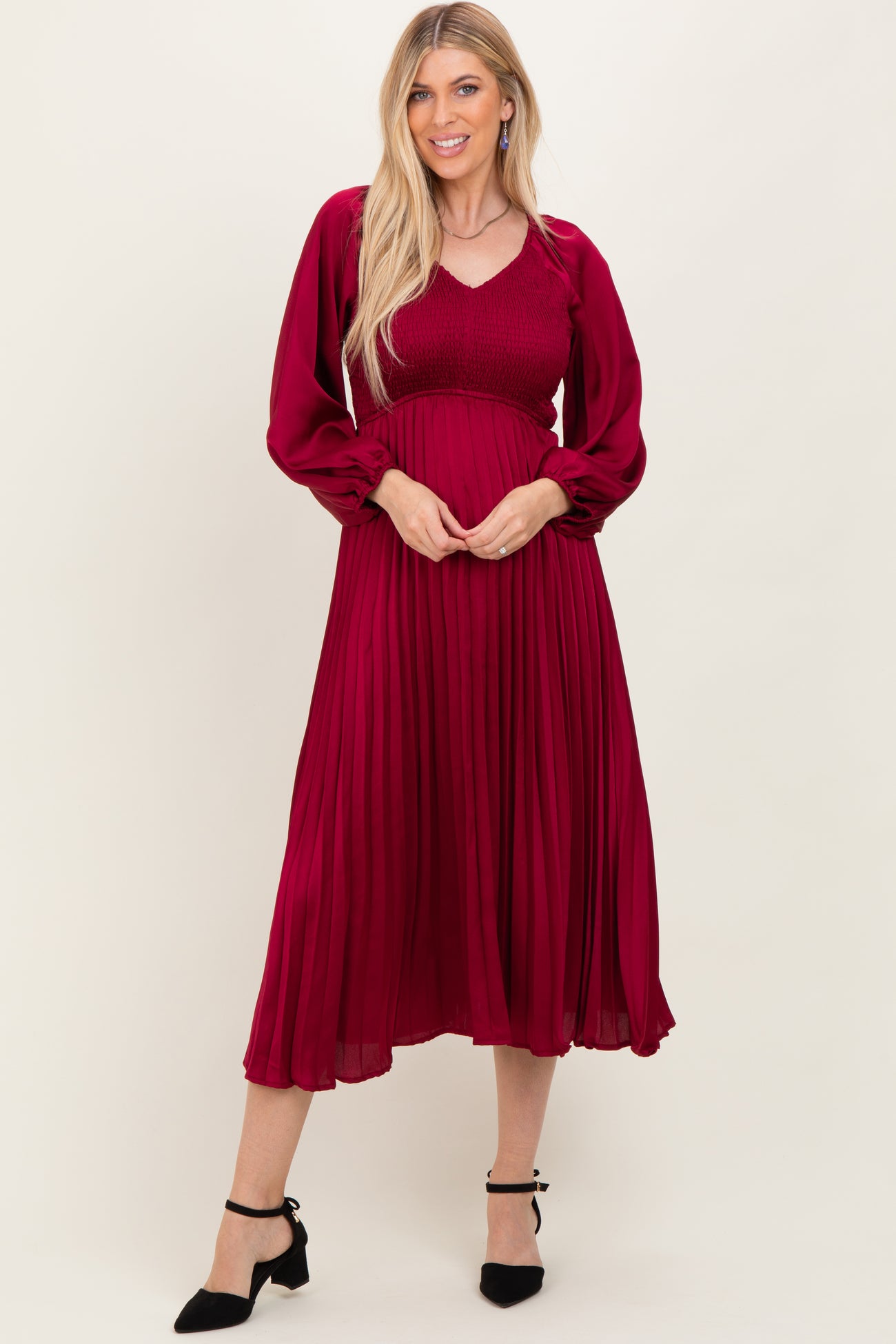 Burgundy Satin Smocked Pleated Maternity Midi Dress