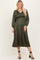 woman wearing an olive green pleated midi dress with puff sleeves and a fitted bodice