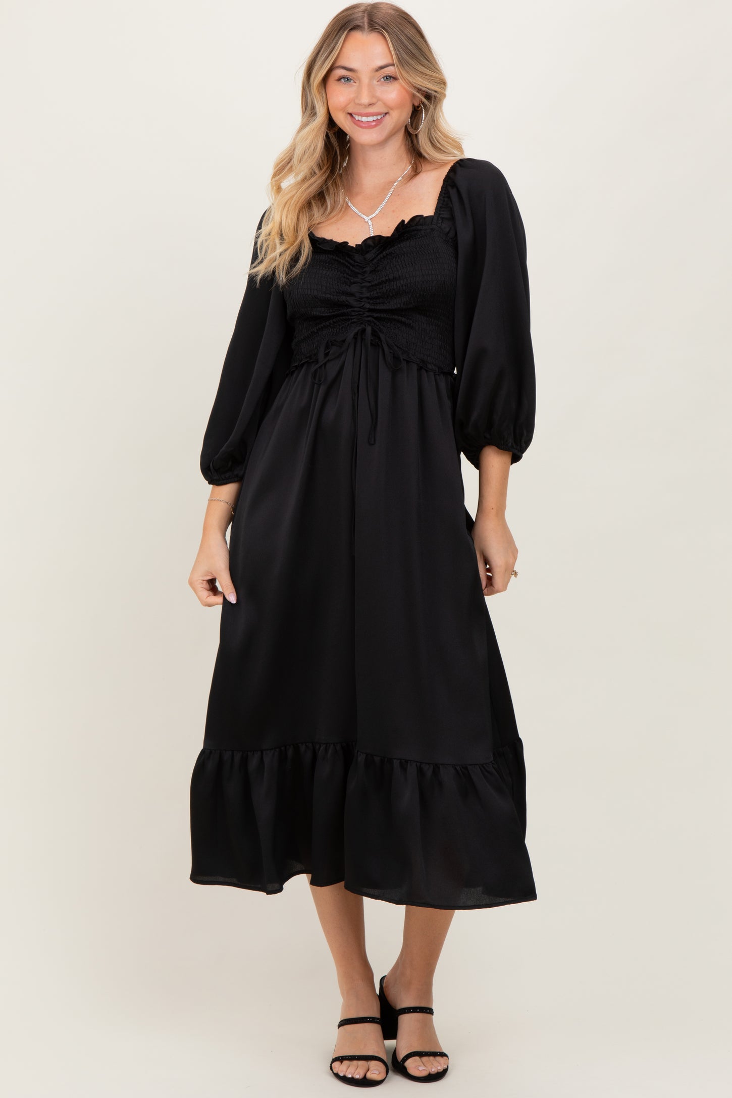 Black Satin Smocked Cinched Bust Maternity Midi Dress