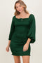 Green Satin Smocked Bubble Sleeve Mini Dress