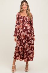 Burgundy Floral Smocked Long Sleeve Maternity Midi Dress