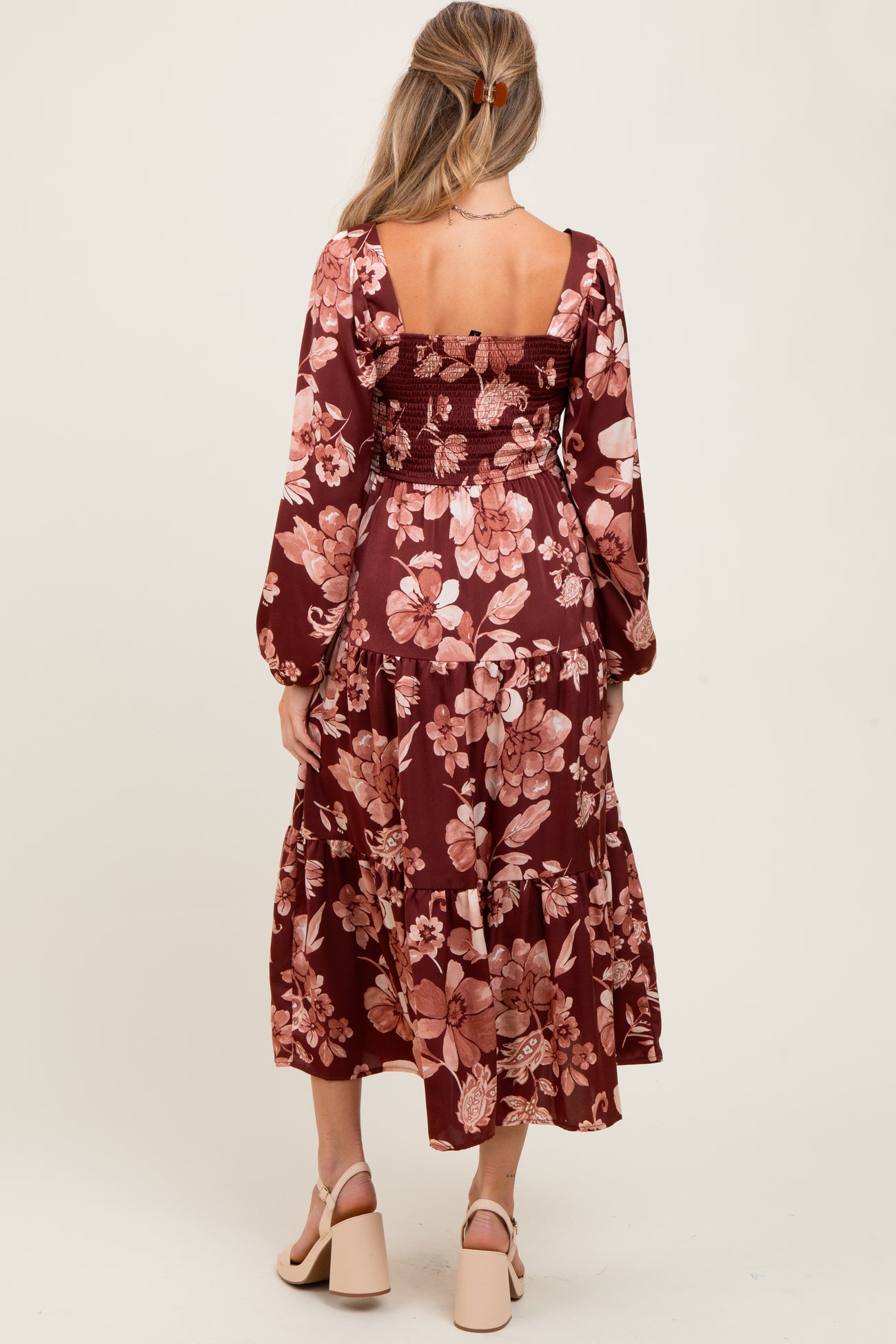 Burgundy Floral Smocked Long Sleeve Maternity Midi Dress