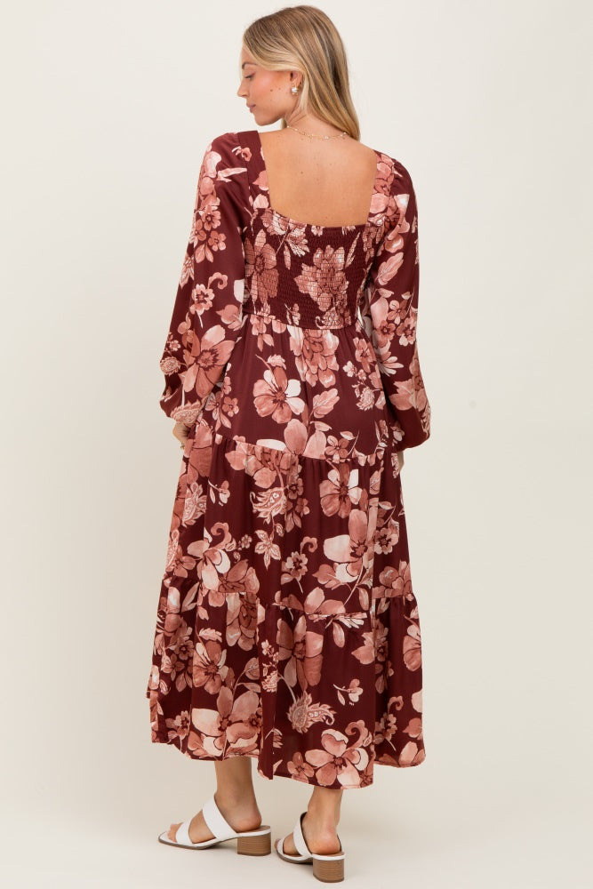 Burgundy Floral Smocked Long Sleeve Midi Dress