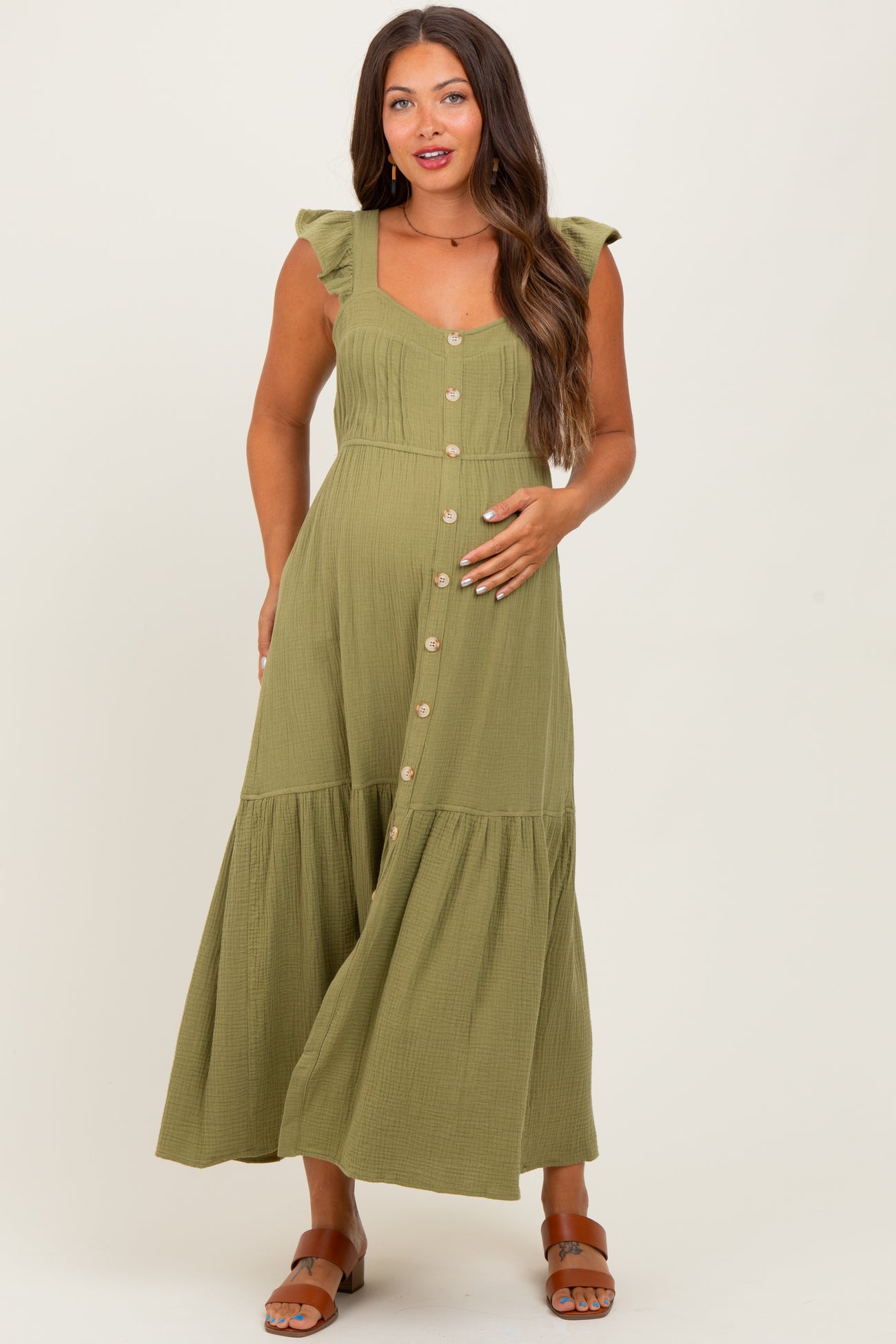 Light Olive Cotton Gauze Button Down Maternity Midi Dress