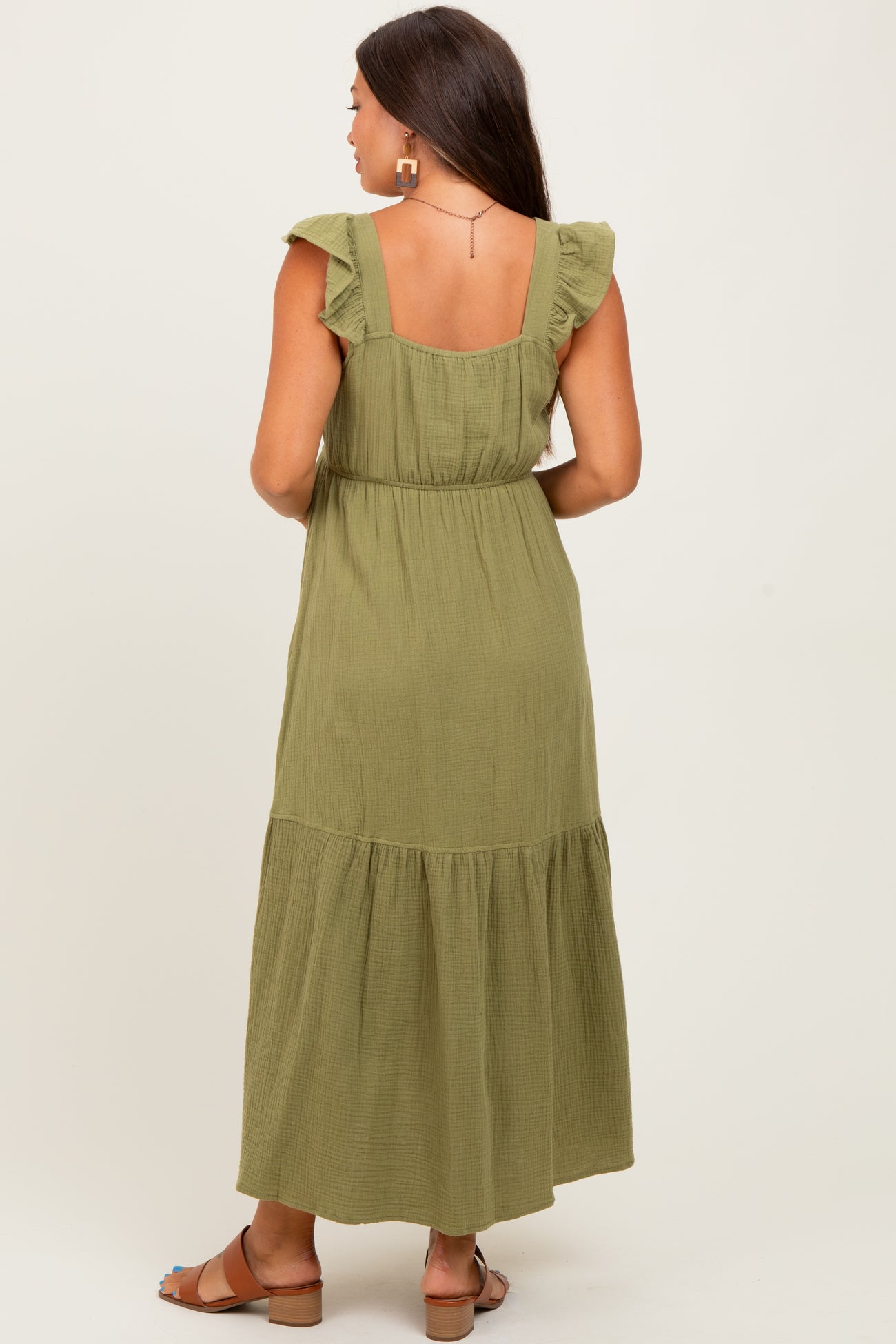 Light Olive Cotton Gauze Button Down Maternity Midi Dress