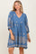 Blue Paisley Embroidered Bubble Sleeve Dress