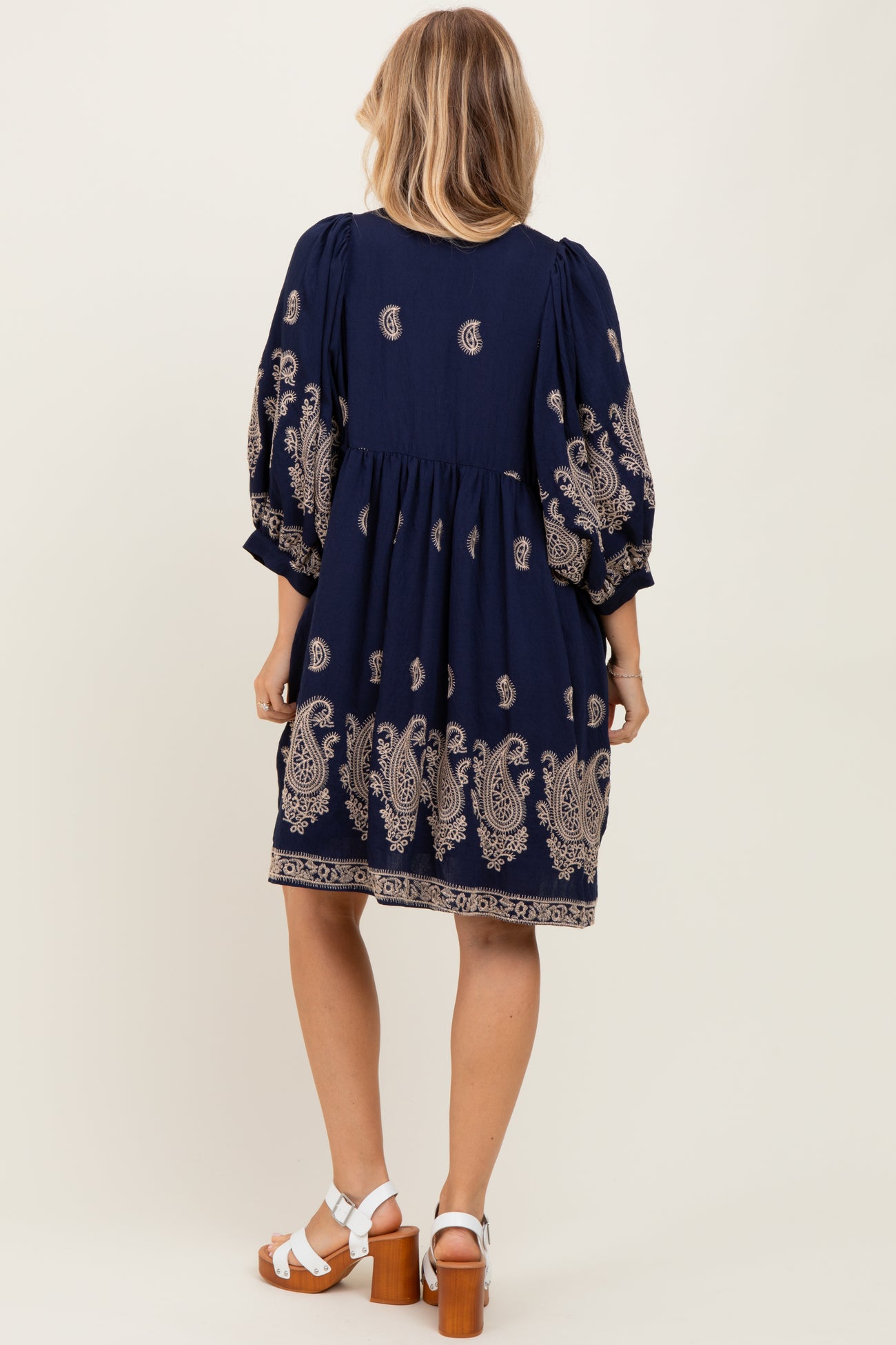 Navy Paisley Embroidered Bubble Sleeve Dress