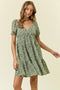Light Olive Floral Tiered V-Neck Mini Dress