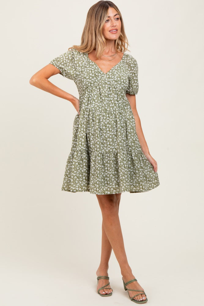 Light Olive Floral Tiered V-Neck Maternity Mini Dress