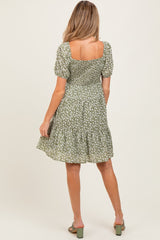 Light Olive Floral Tiered V-Neck Maternity Mini Dress