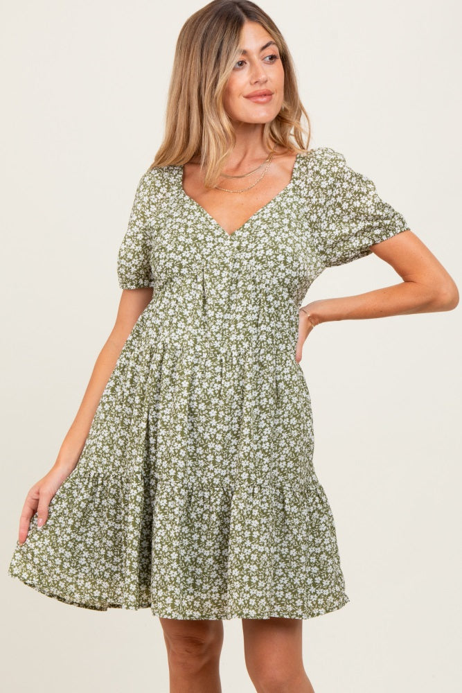 Light Olive Floral Tiered V-Neck Maternity Mini Dress
