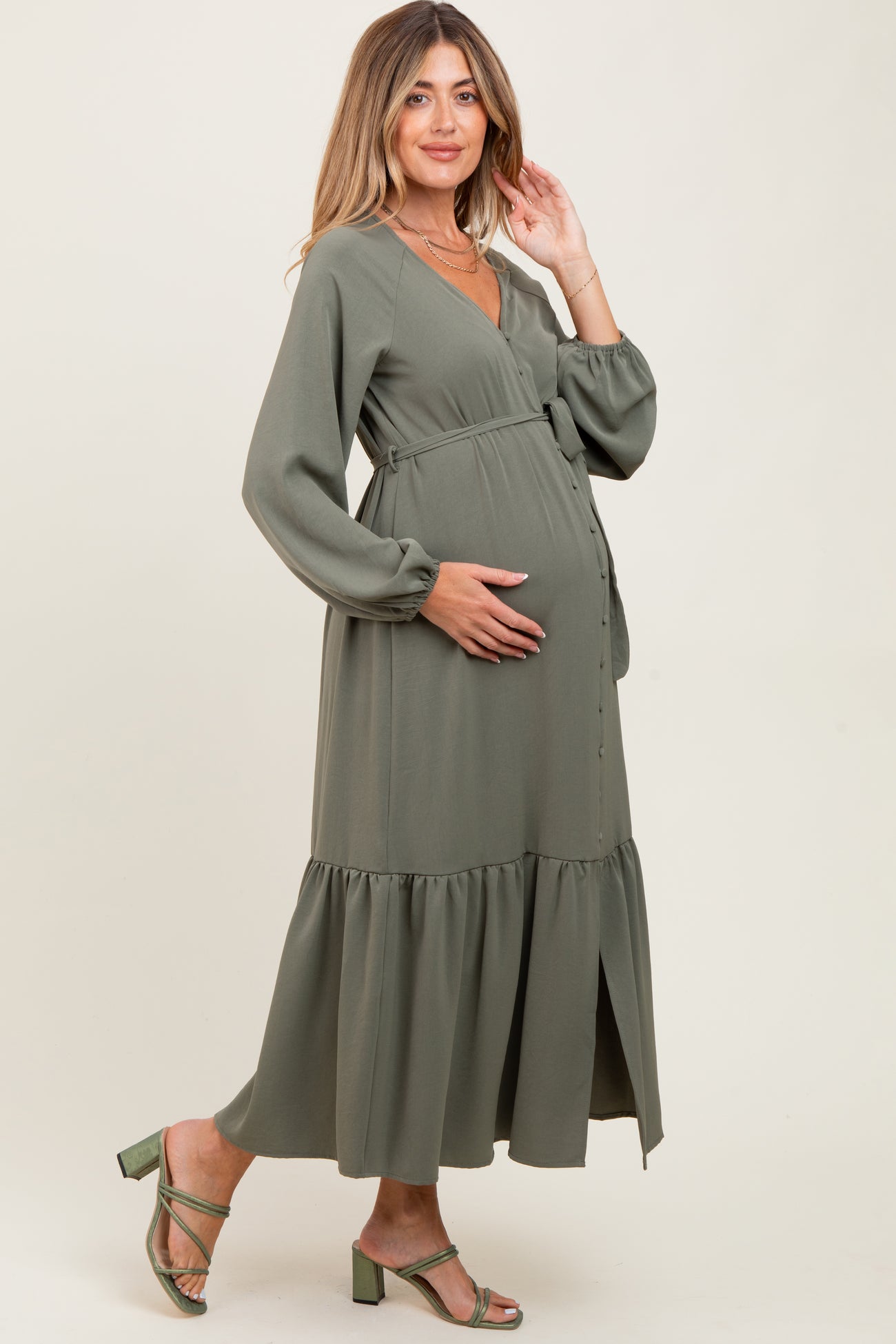 Olive Elegant Long Sleeve Waist Tie Maternity Midi Dress