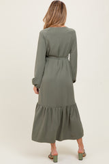 Olive Elegant Long Sleeve Waist Tie Maternity Midi Dress