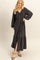 Black Elegant Long Sleeve Waist Tie Midi Dress