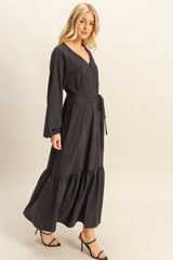 Black Elegant Long Sleeve Waist Tie Midi Dress