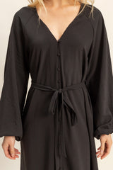 Black Elegant Long Sleeve Waist Tie Midi Dress