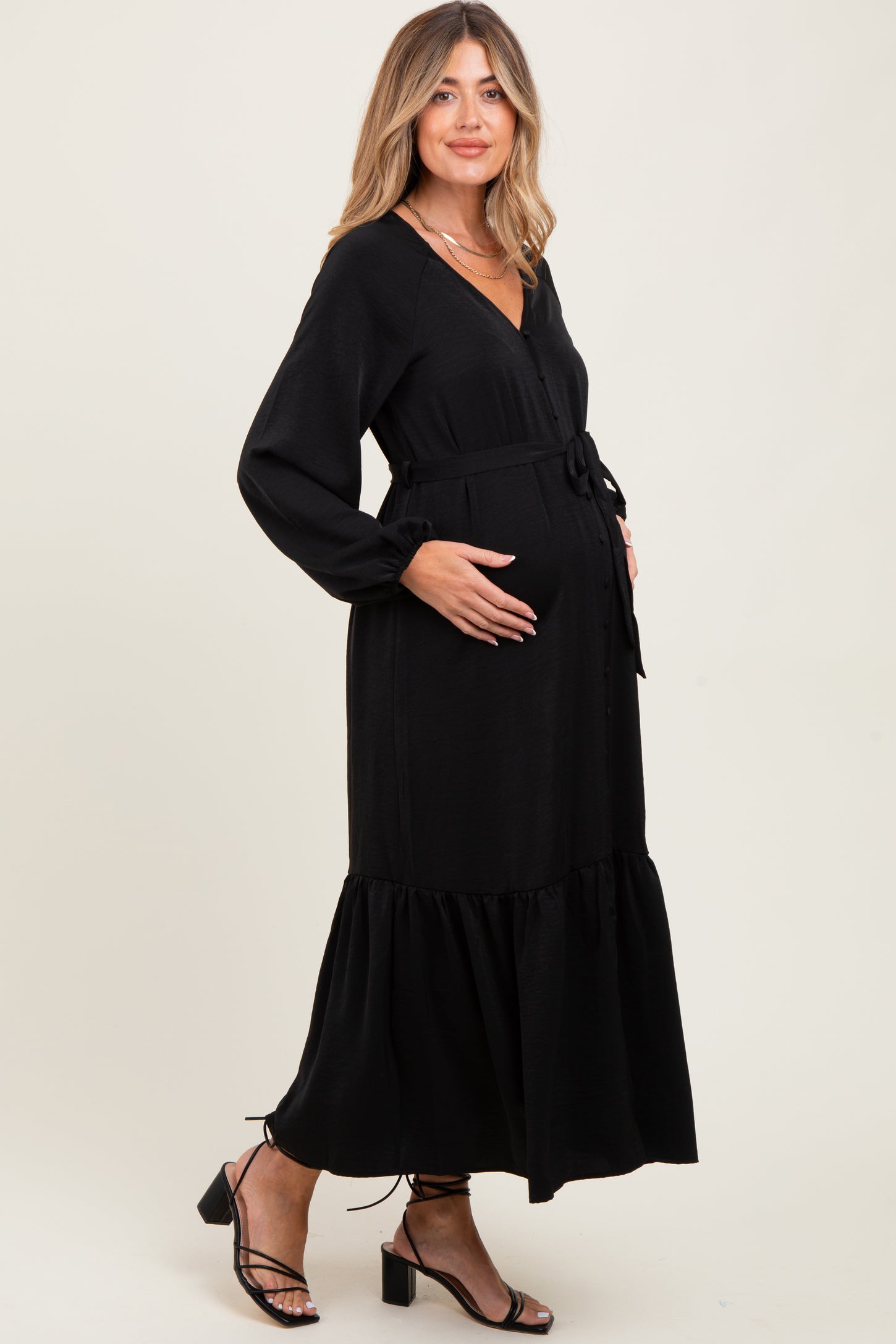 Black Elegant Long Sleeve Waist Tie Maternity Midi Dress
