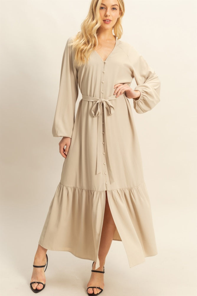 Beige Elegant Long Sleeve Waist Tie Midi Dress