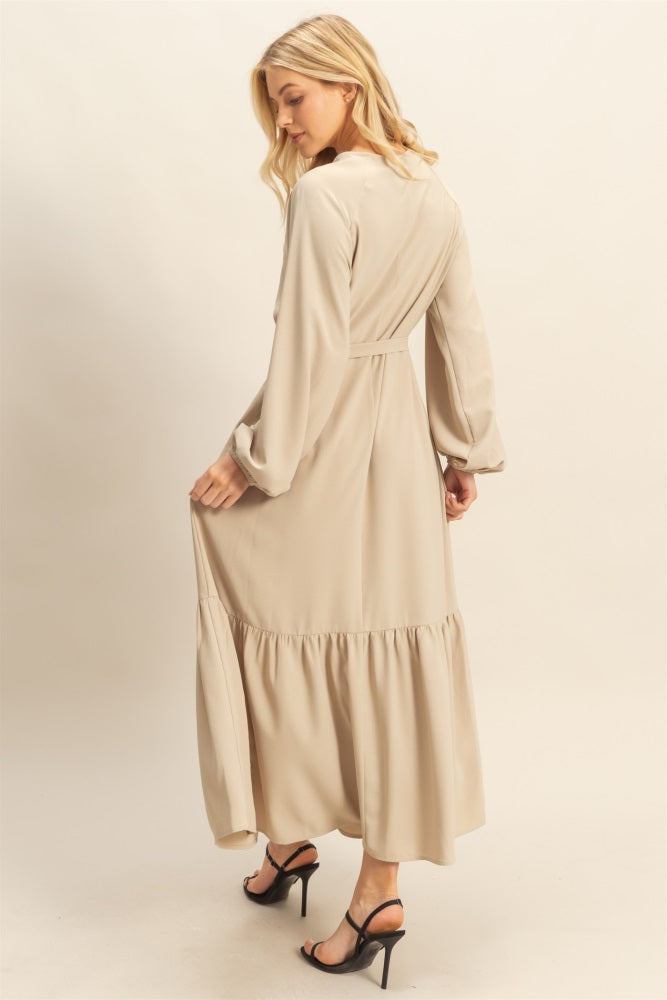 Beige Elegant Long Sleeve Waist Tie Midi Dress