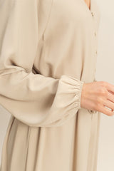 Beige Elegant Long Sleeve Waist Tie Midi Dress