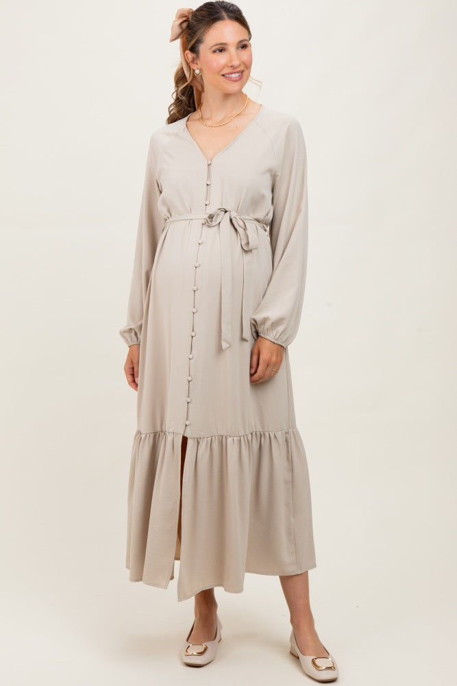 Beige Elegant Long Sleeve Waist Tie Maternity Midi Dress