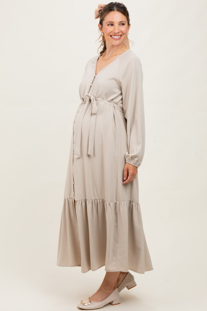 Beige Elegant Long Sleeve Waist Tie Maternity Midi Dress