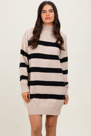 Beige Striped Knit Turtleneck Sweater Dress