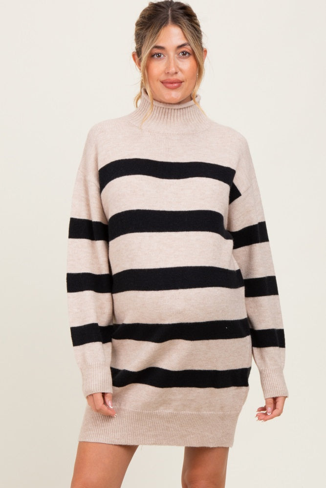Beige Striped Knit Turtleneck Maternity Sweater Dress