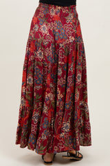 Burgundy Floral Smocked Waist Tiered Maxi Skirt