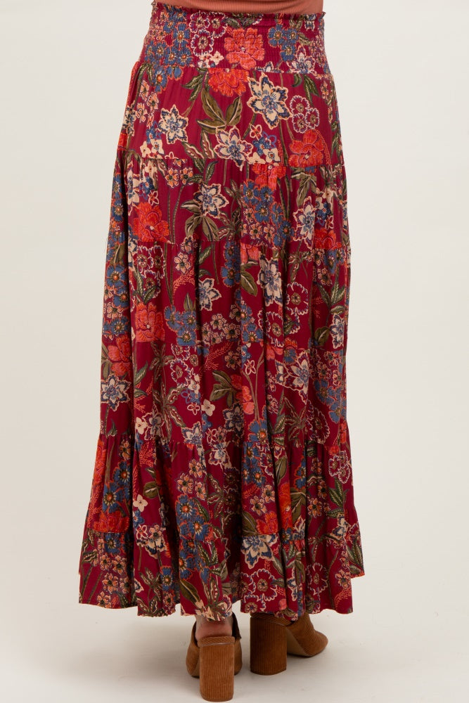 Burgundy Floral Smocked Waist Tiered Maternity Maxi Skirt