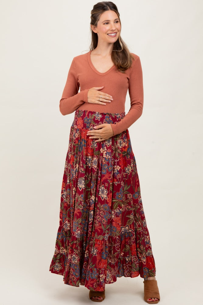 Burgundy Floral Smocked Waist Tiered Maternity Maxi Skirt