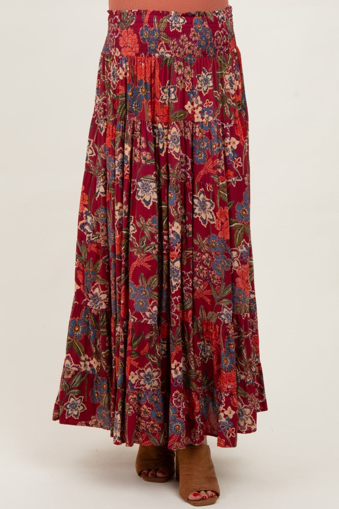 Burgundy Floral Smocked Waist Tiered Maternity Maxi Skirt