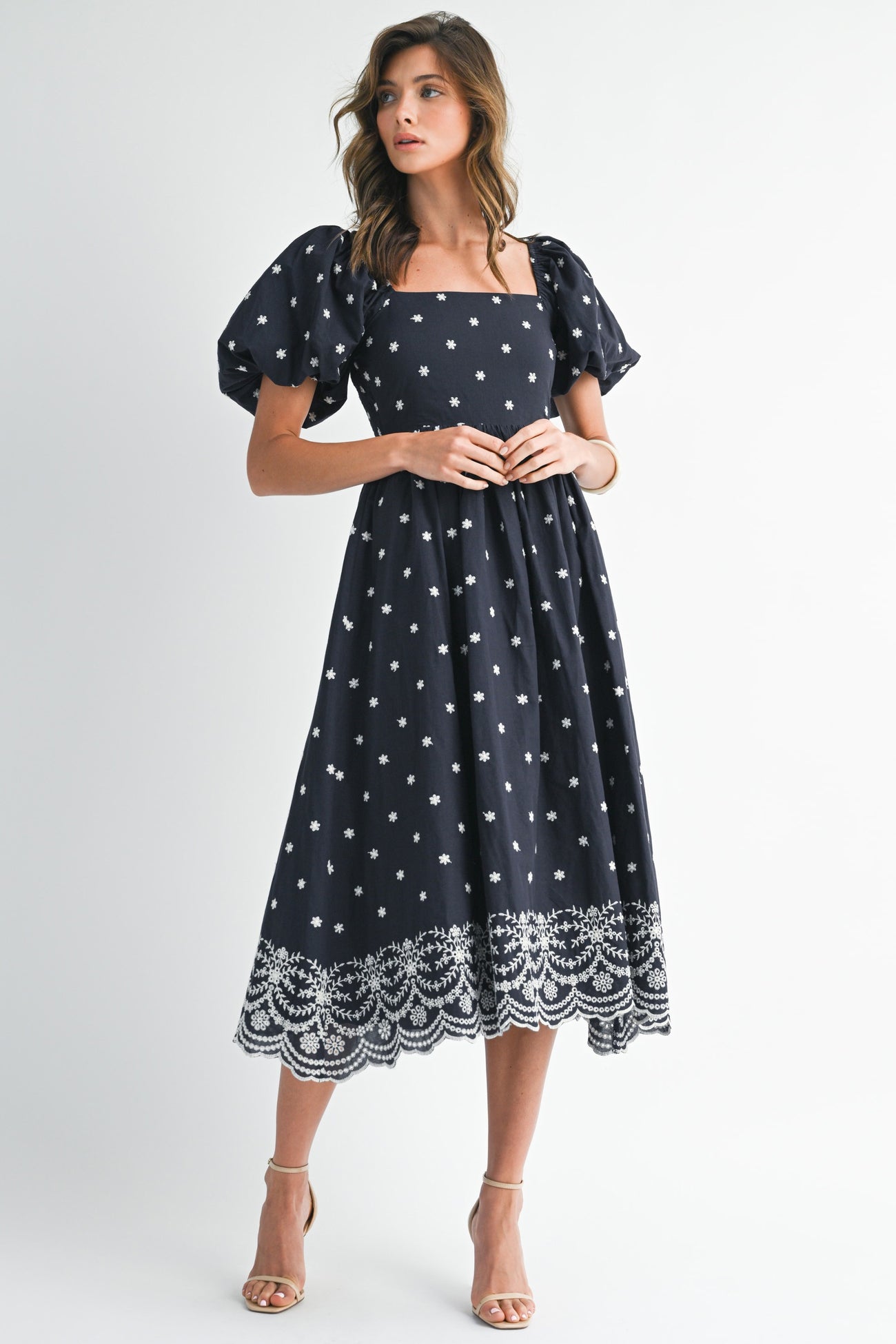 Navy Floral Embroidery Puff Sleeve Midi  Dress