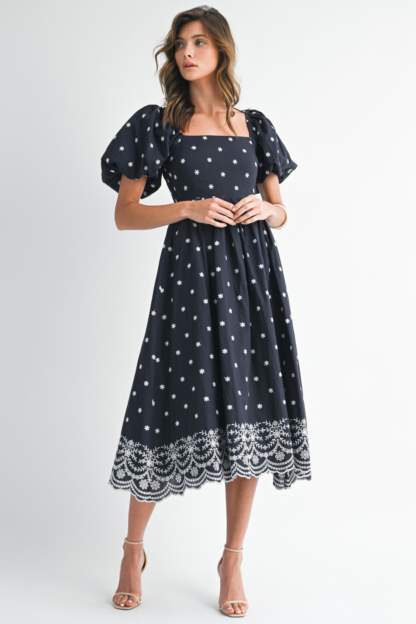 Navy Floral Embroidery Puff Sleeve Midi  Dress
