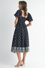 Navy Floral Embroidery Puff Sleeve Midi  Dress
