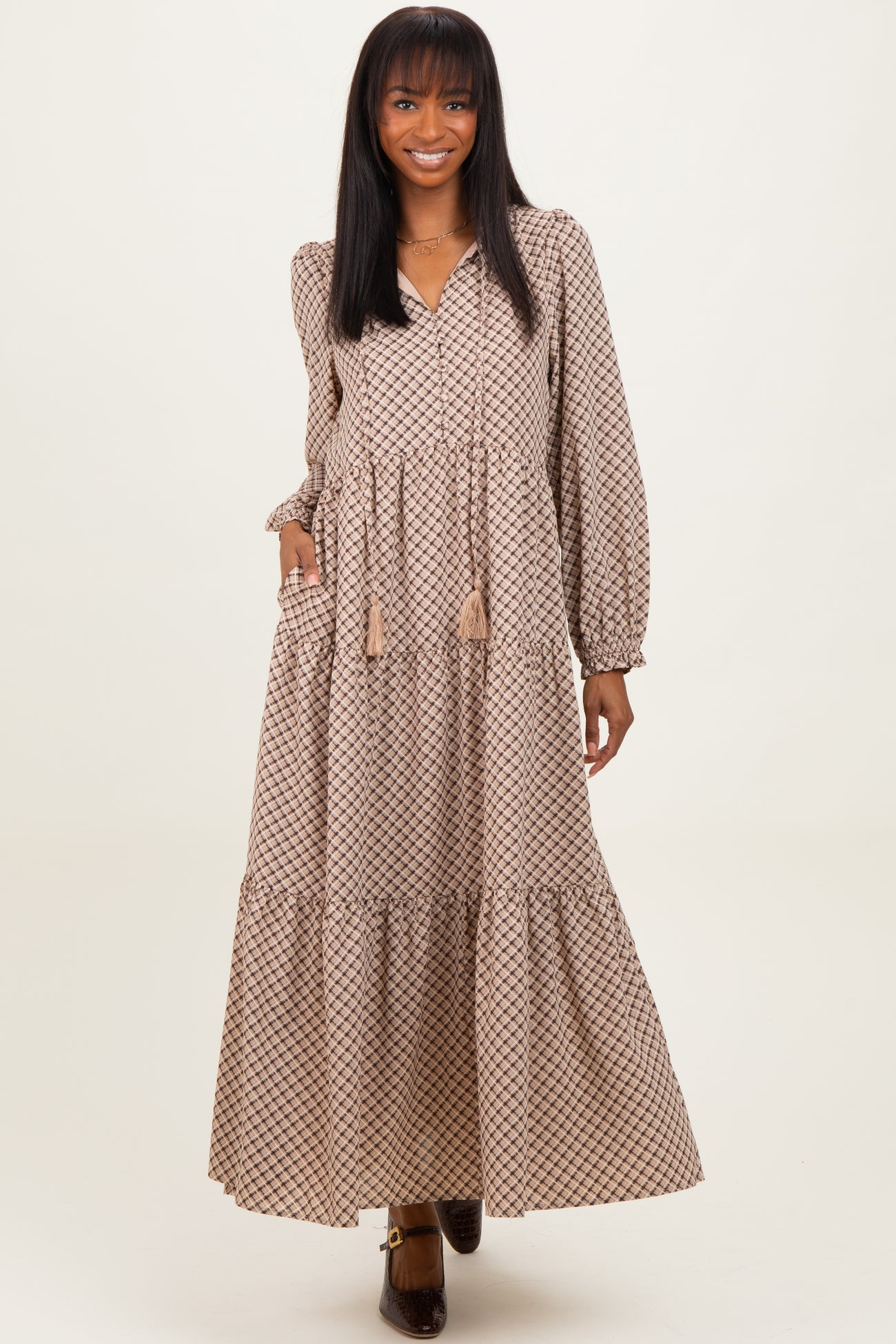 Taupe Plaid Tie Collar Tiered Maternity Maxi Dress