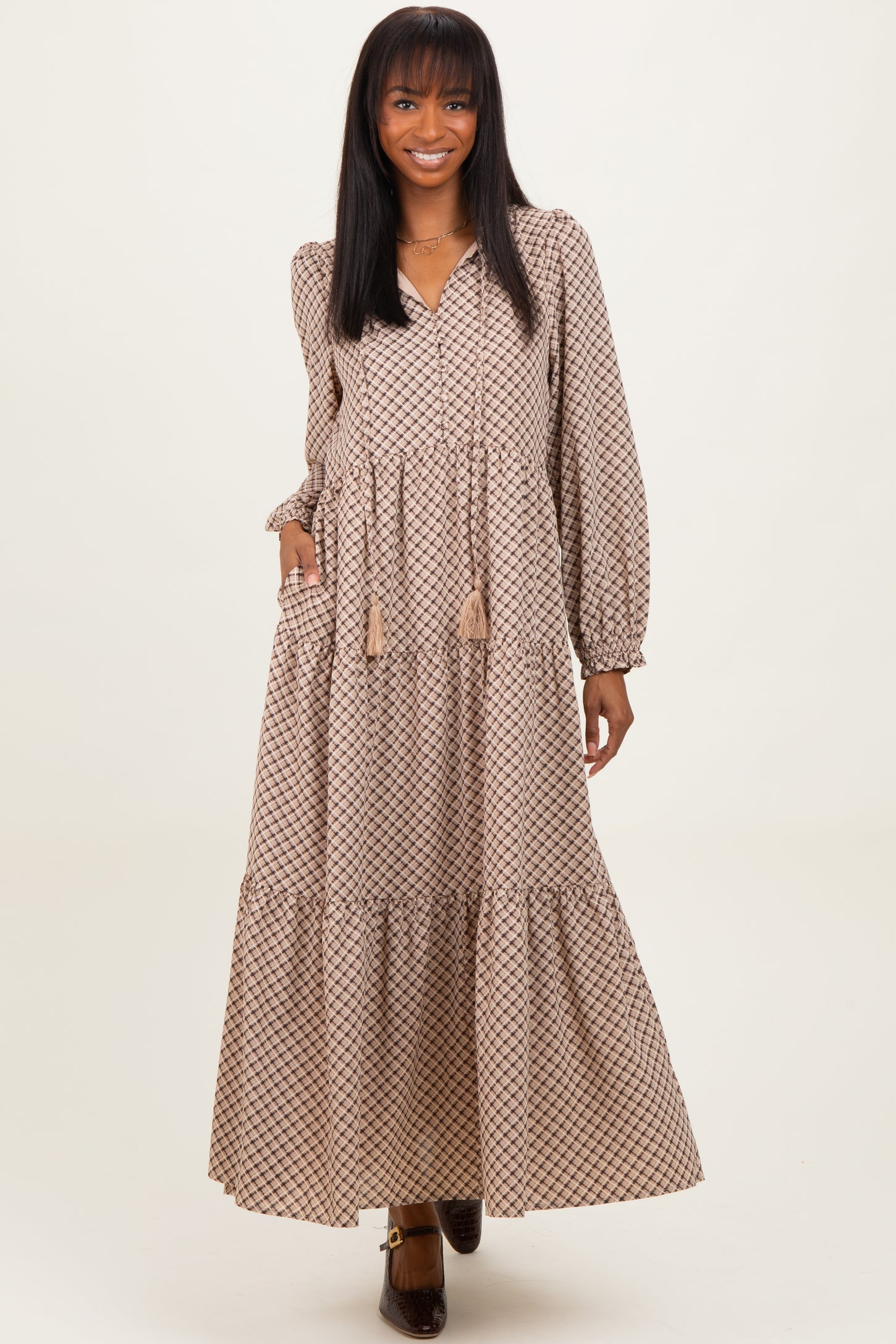 Taupe Plaid Tie Collar Tiered Maternity Maxi Dress