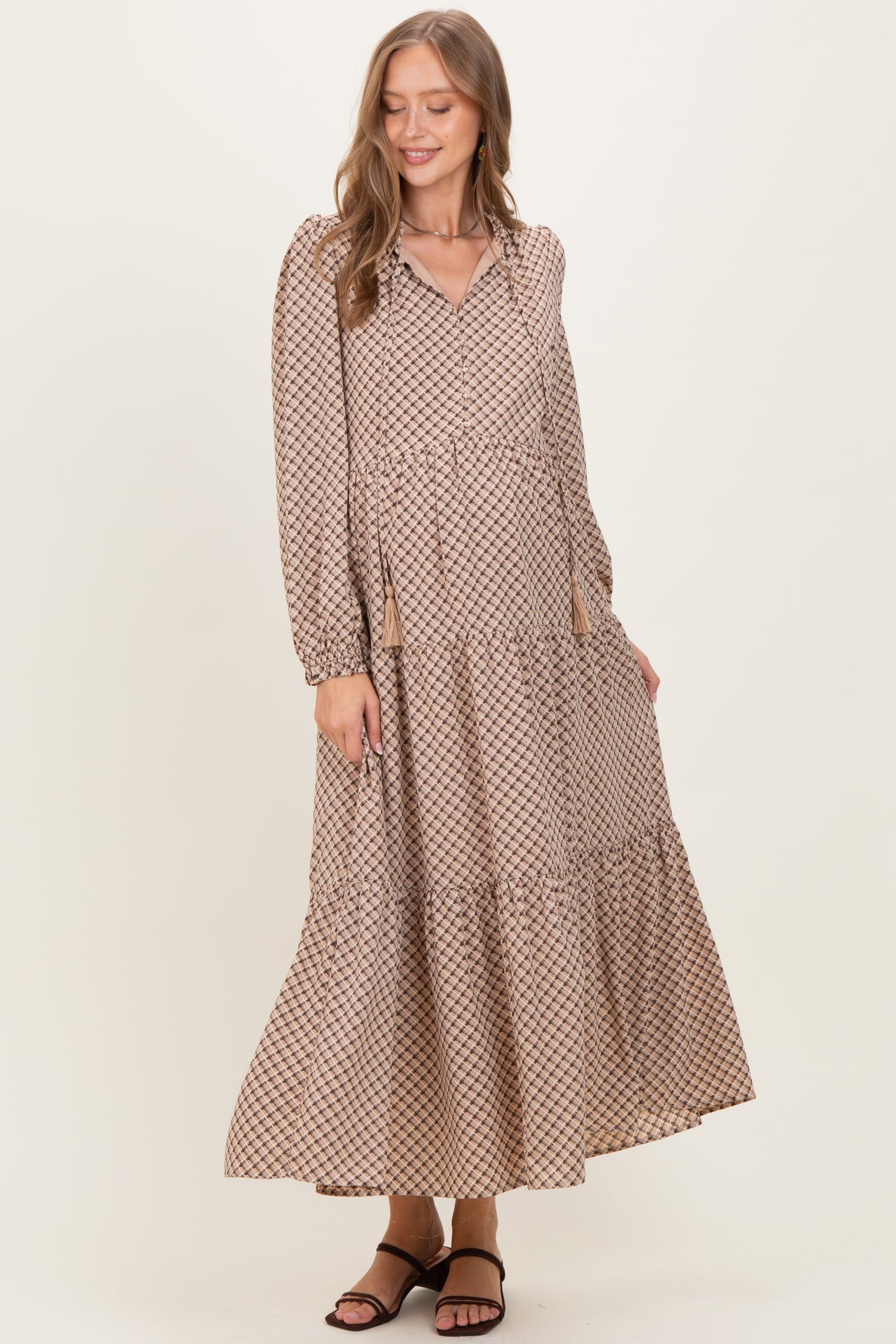 Taupe Plaid Tie Collar Tiered Maternity Maxi Dress