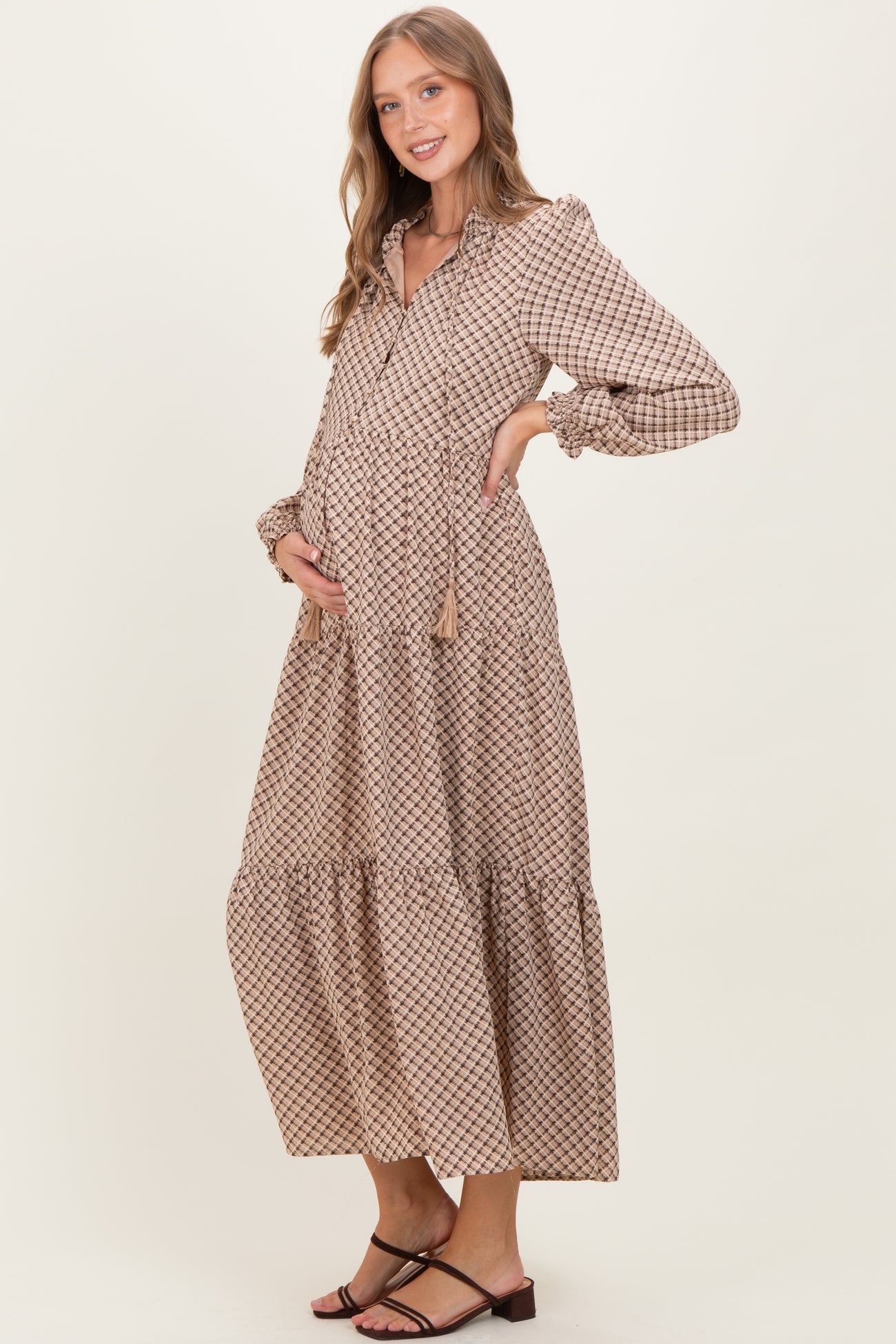 Taupe Plaid Tie Collar Tiered Maternity Maxi Dress